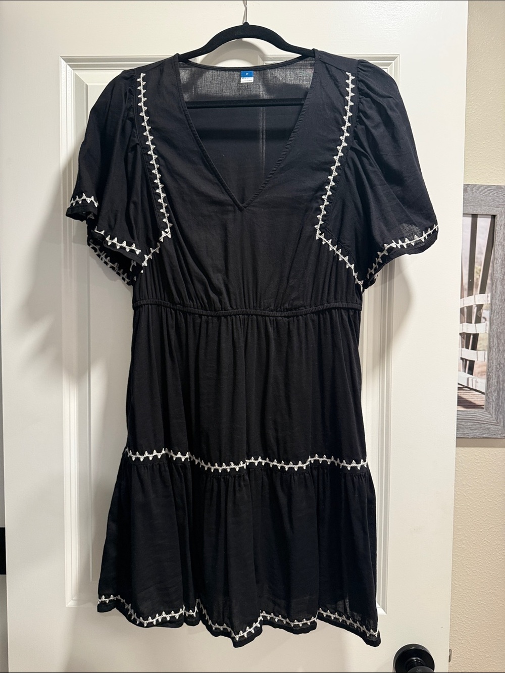 Old Navy Black V-Neck Tiered Dress with White Trim